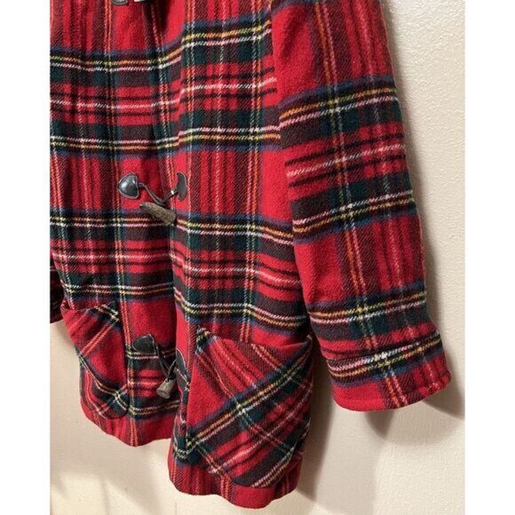 Vintage 90s Eddie Bauer Wool Red Tartan Plaid Long Coat Jacket Toggles Size S - Picture 8 of 16